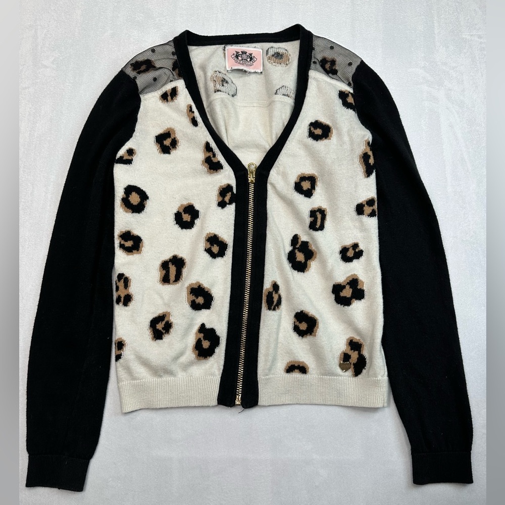 Juicy Couture Black and White Cheetah Print Zip Up Sweater‎ Girls Size S